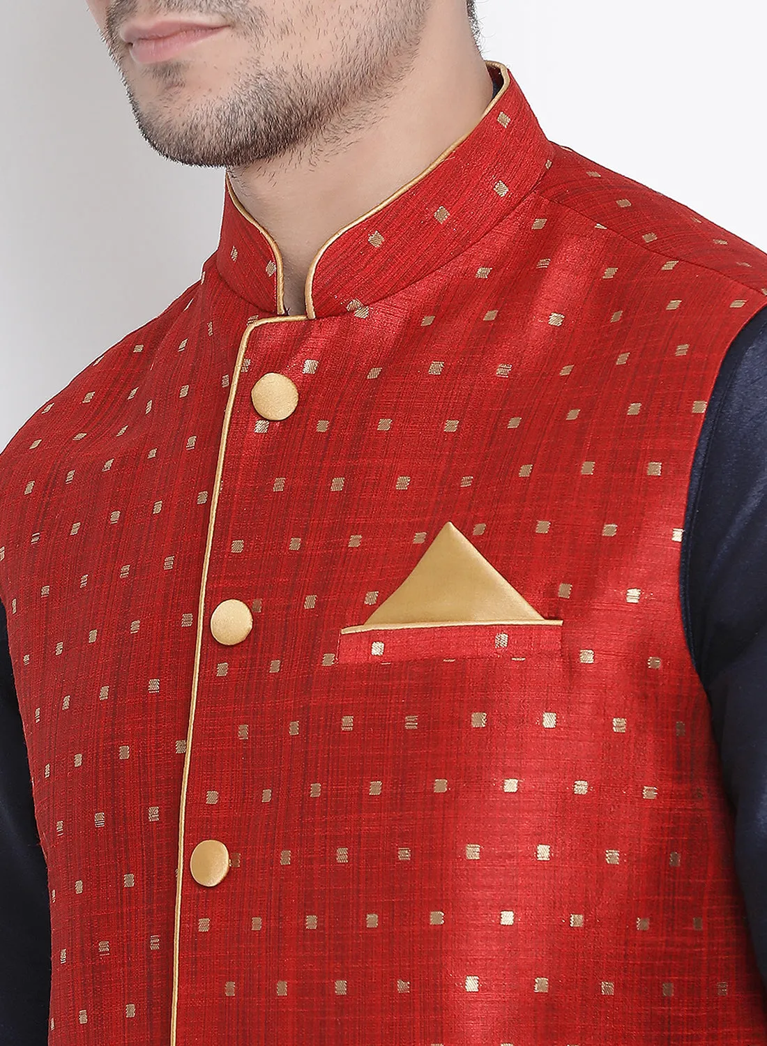 VM By VASTRAMAY Men's Maroon Zari Weaved Jacket With Kurta Dhoti Set