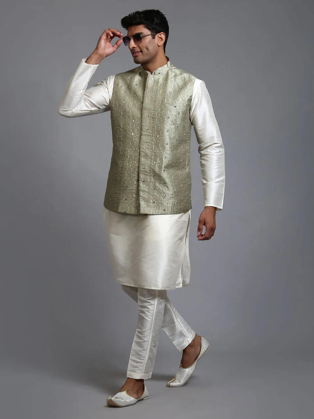 VM BY VASTRAMAY Men's Mehndi Green Embellished Jacket with Cream Kurta Pant Set