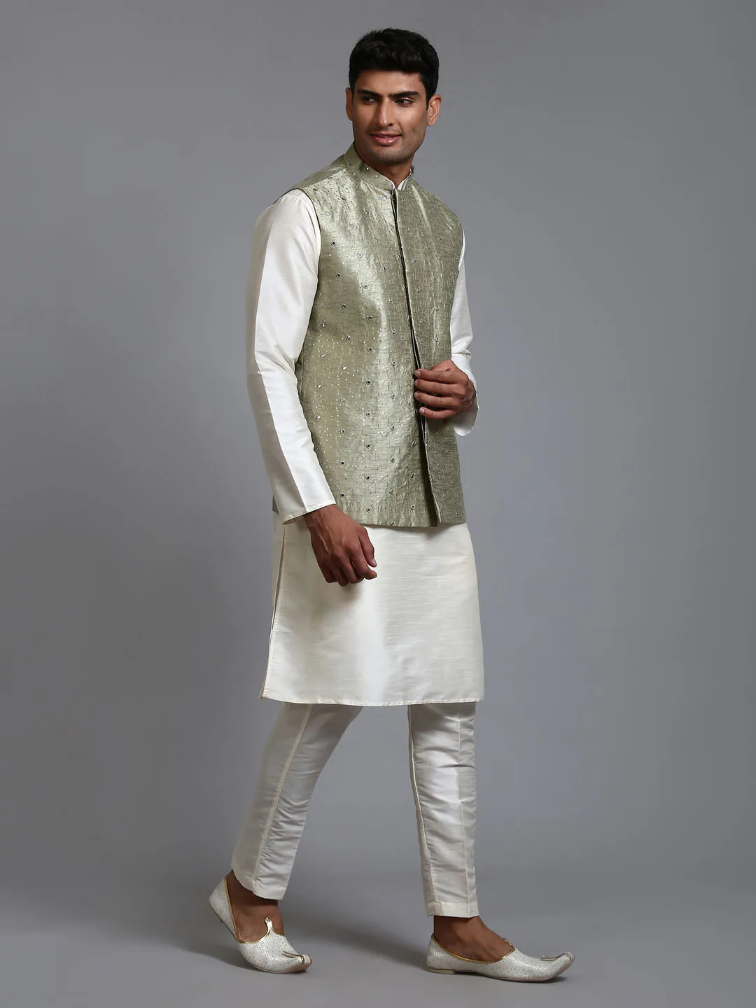 VM BY VASTRAMAY Men's Mehndi Green Embellished Jacket with Cream Kurta Pant Set