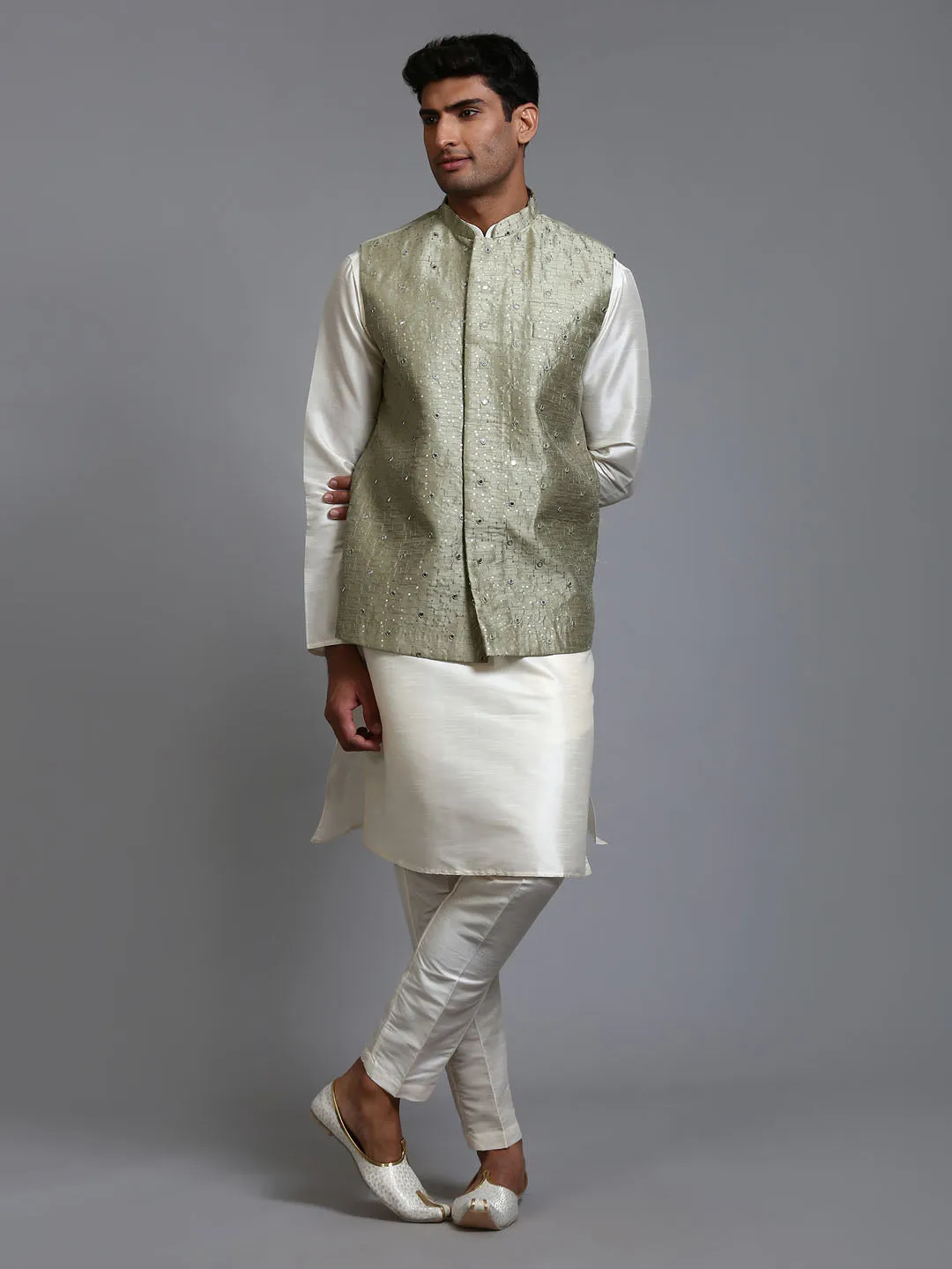 VM BY VASTRAMAY Men's Mehndi Green Embellished Jacket with Cream Kurta Pant Set