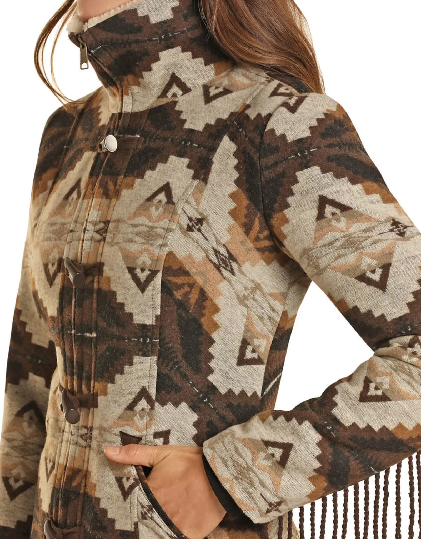 Womens Powder River Sherpa Collar Wool Blend Brown Aztec Fringe Jacket