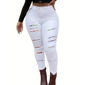 Women's Street Style High Stretch Colorblock Ripped Skinny Jeans