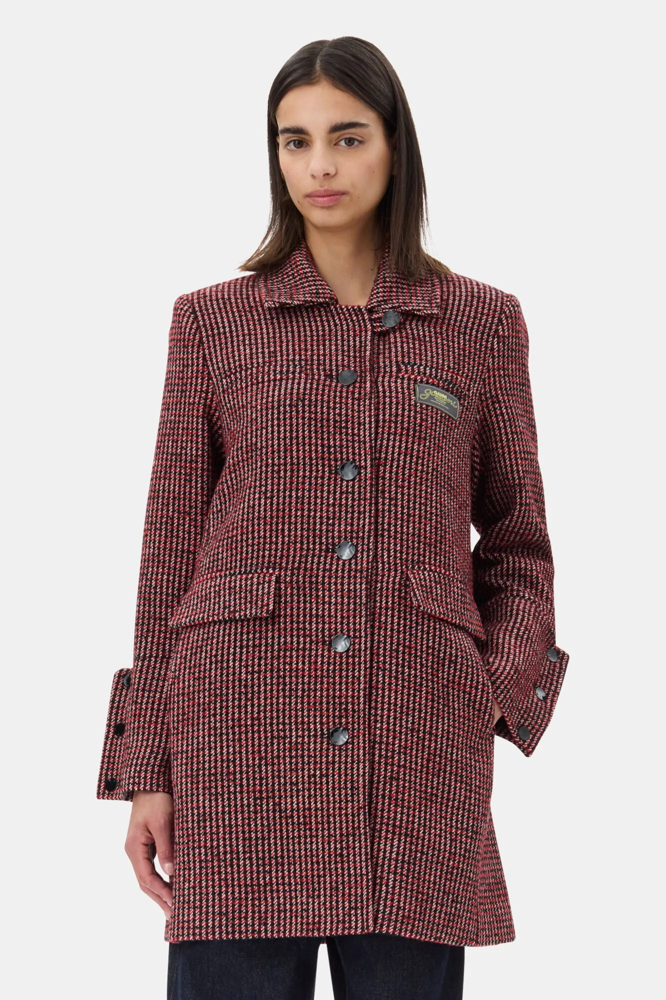 WOOLLEN CHECK COAT RACING RED - GANNI