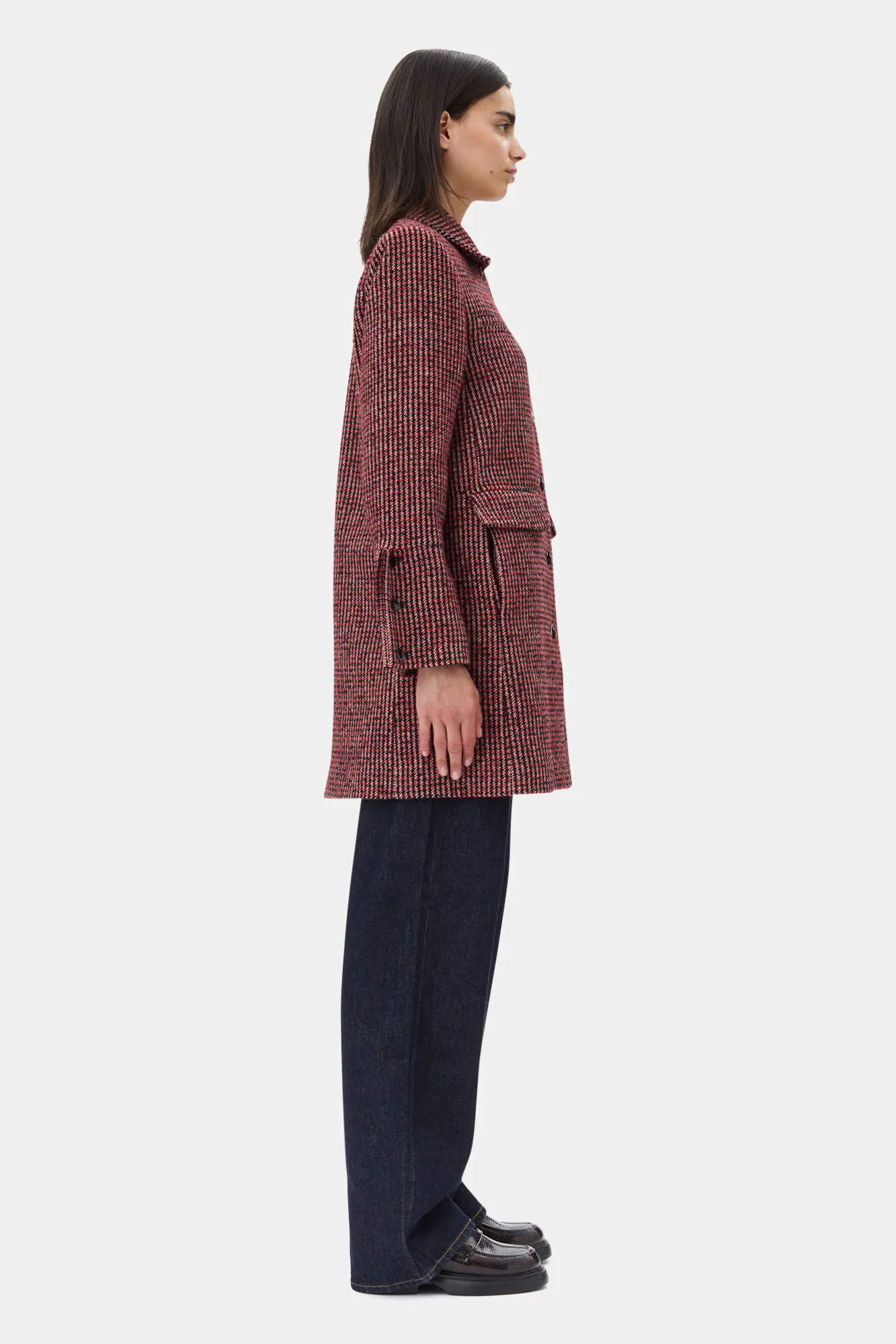 WOOLLEN CHECK COAT RACING RED - GANNI