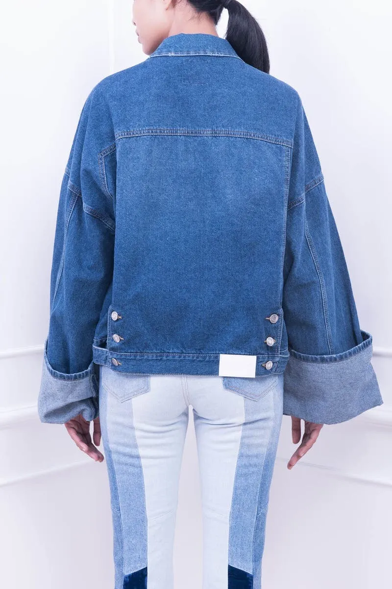 Woven Roll-up Cuffs Denim Jacket