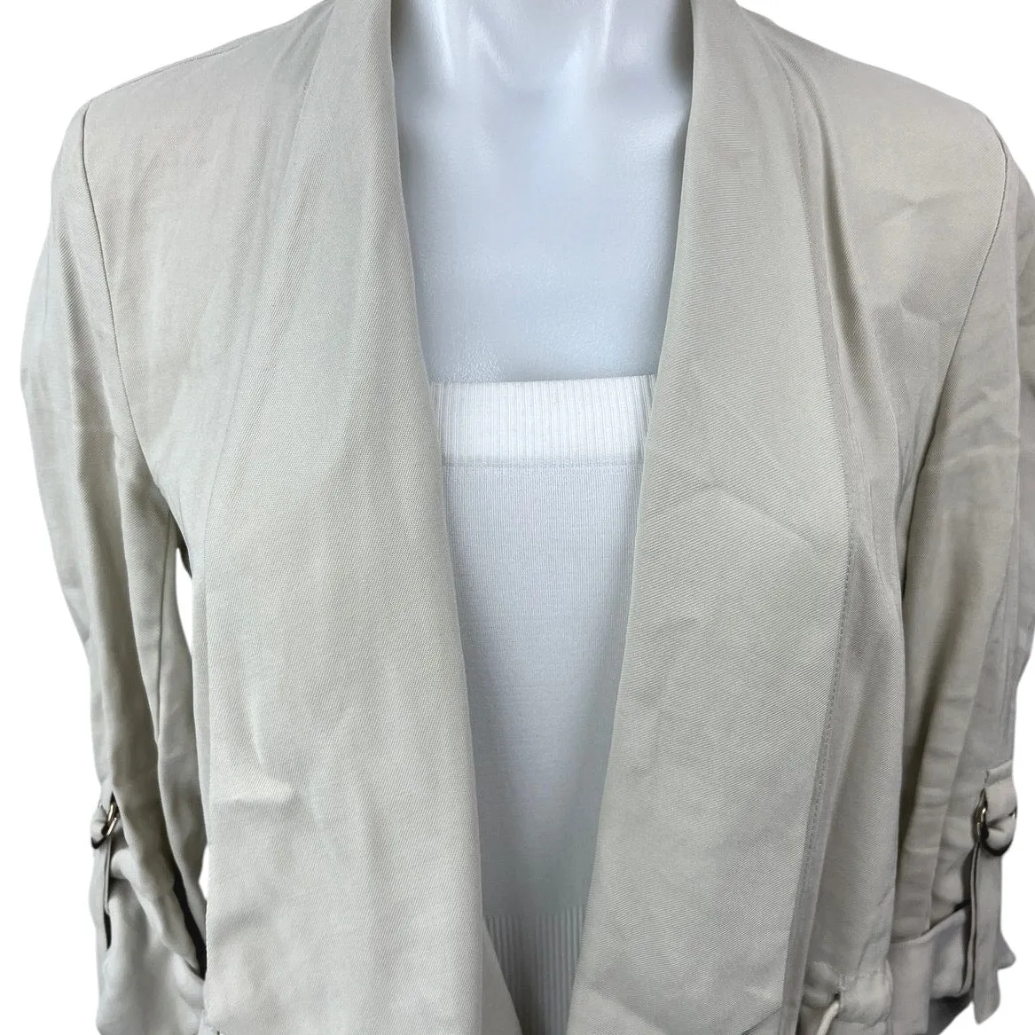 Zara Gray Long Roll Tab Sleeve Drapey Tie Waist Casual Open Coat Jacket Size XS